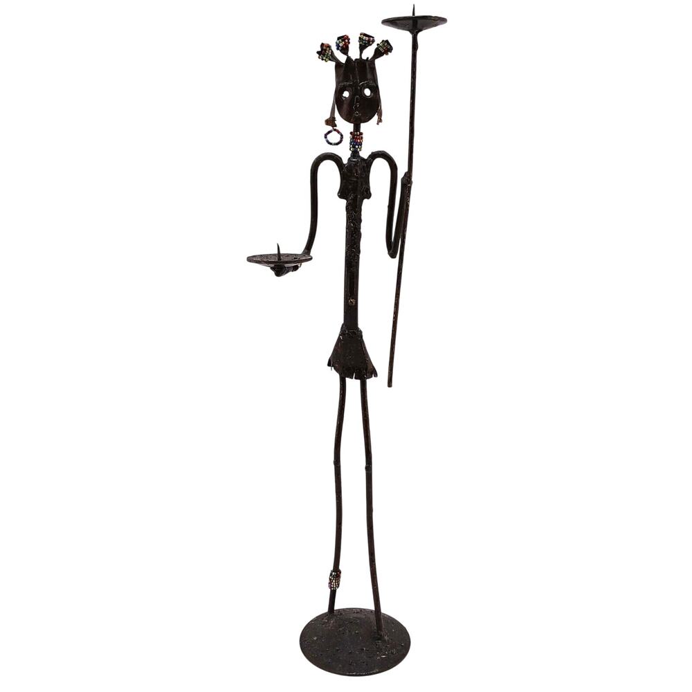 African Female Metal Sculpture Candleholder Beaded Dress Tribal Ethnic Décor 23”